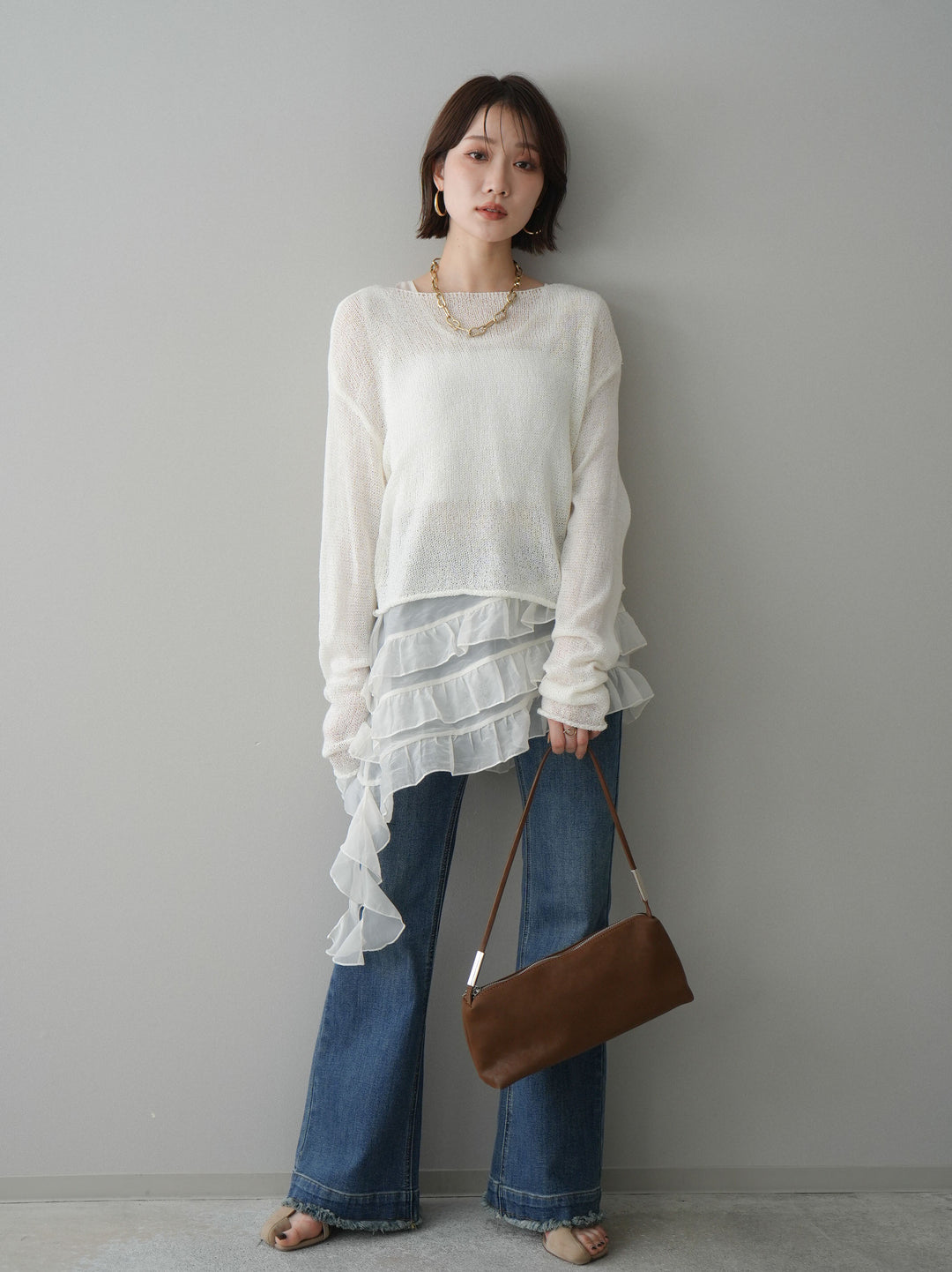 [予約]ラッフルオーガンジータンクトップ＆ニットアンサンブル/white