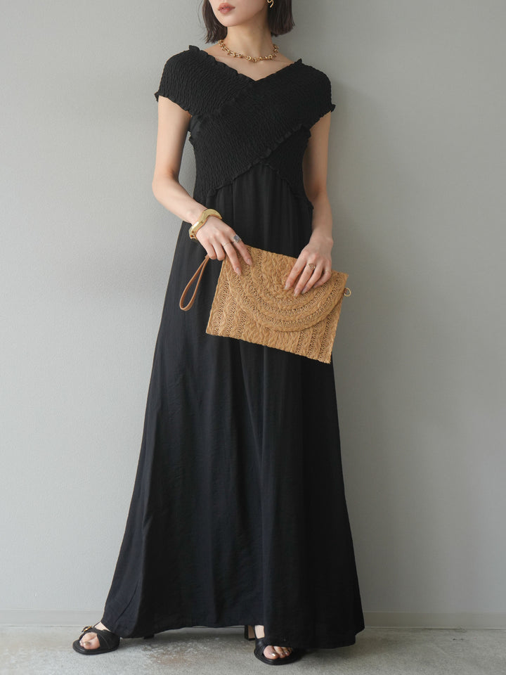 [予約]シャーリングクロスワンピース/ブラック