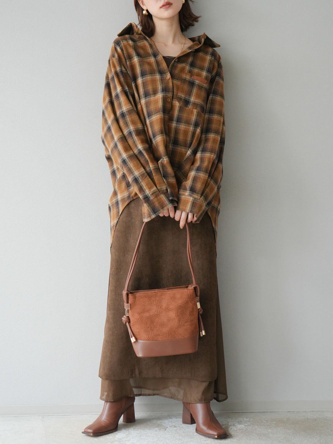 [予約]サイドスリットスウェードドッキングシフォンスカート/ブラウン