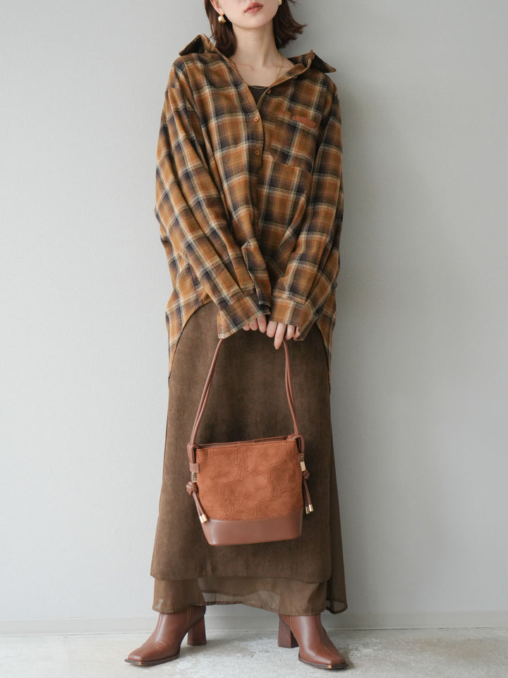 [予約]サイドスリットスウェードドッキングシフォンスカート/ブラウン