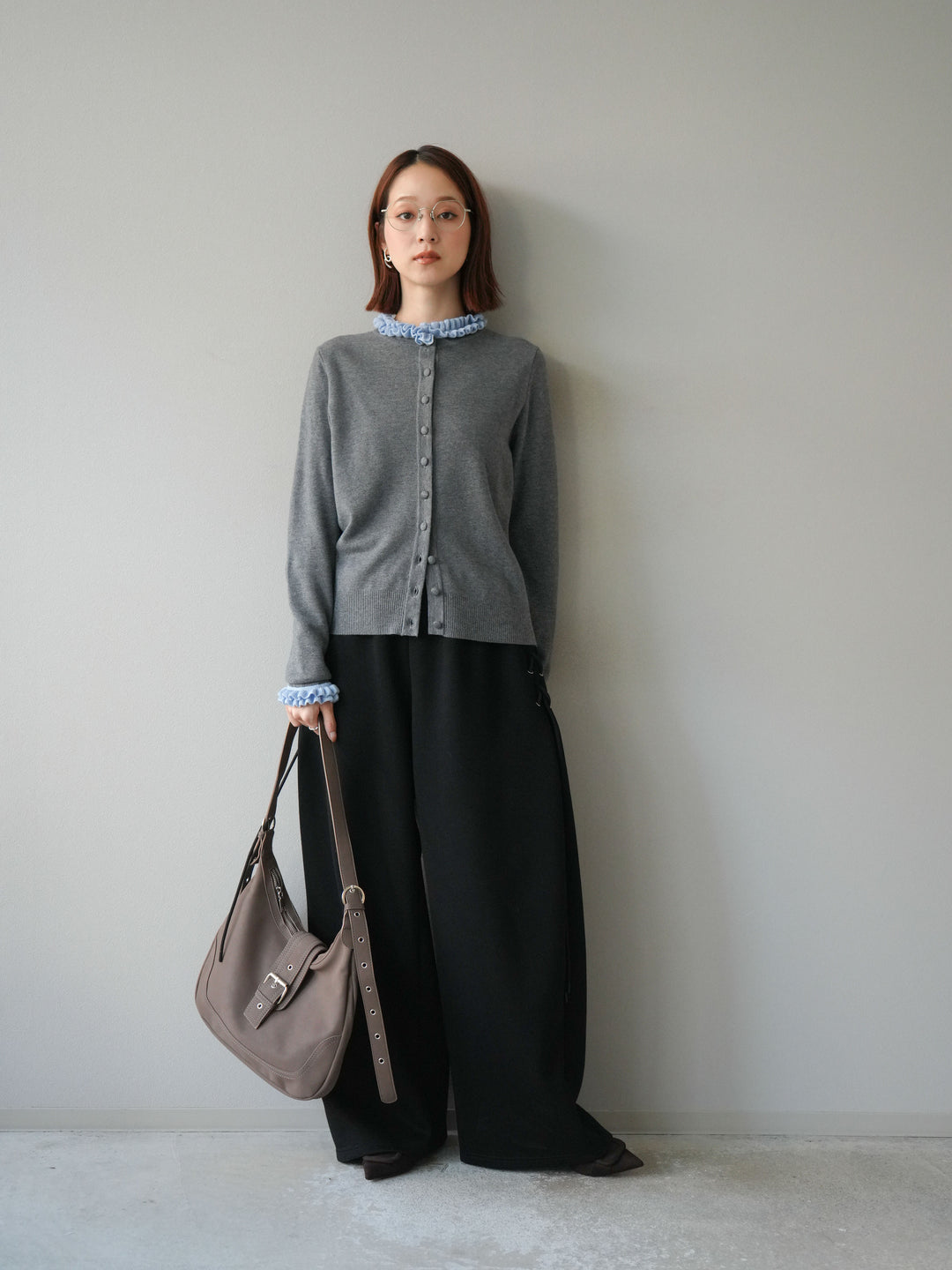 [予約]フリルデザインコンパクトニットカーディガン/グレー