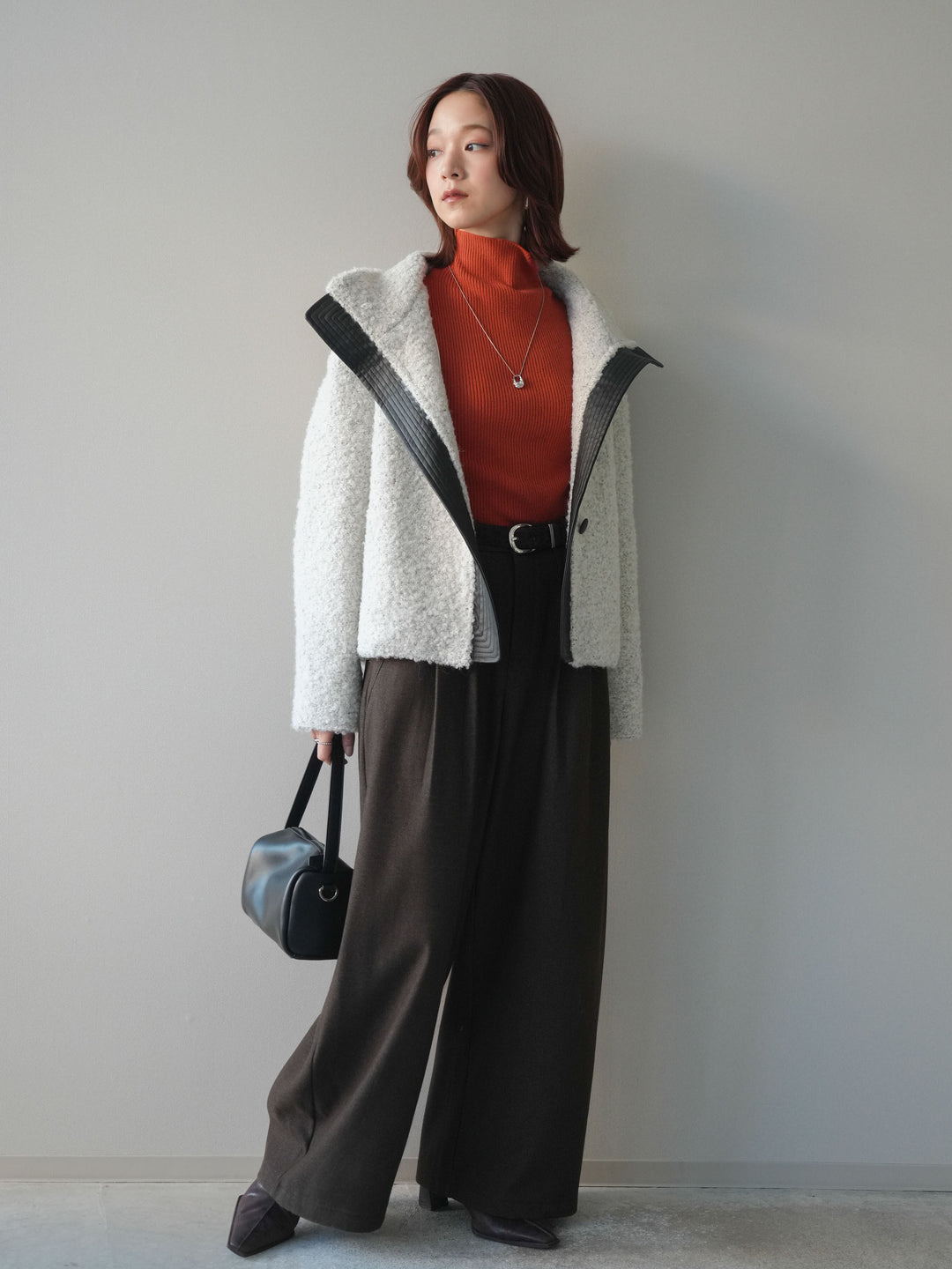 [予約]アニマル柄ベルト付きウールタッチワイドパンツ/brown