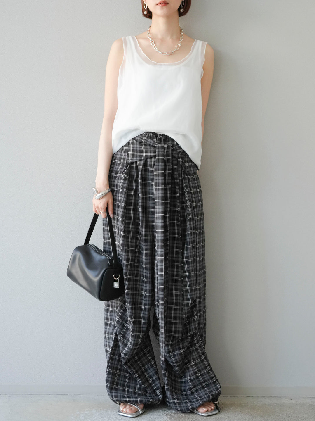 [予約]チェック柄ウエスト巻きドロストパンツ/ブラック