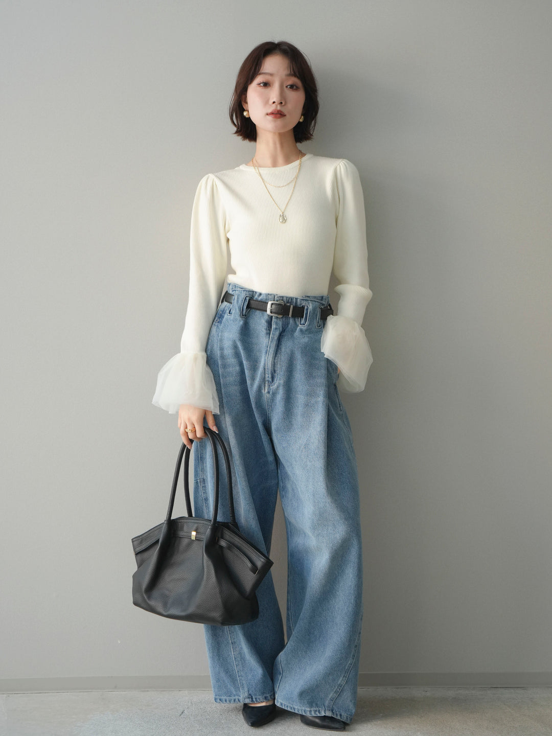 [SET]袖チュールパワショルリブニットトップス+袖チュールパワショルリブニットトップス(2set)