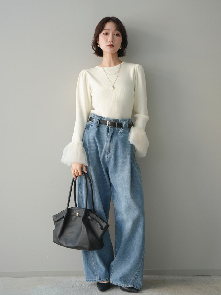 [SET]袖チュールパワショルリブニットトップス+袖チュールパワショルリブニットトップス(2set)