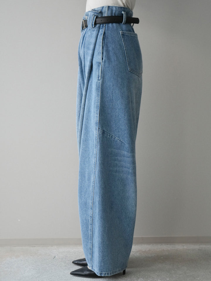 [予約]ハイウエストベルトループデザインデニムパンツ/blue