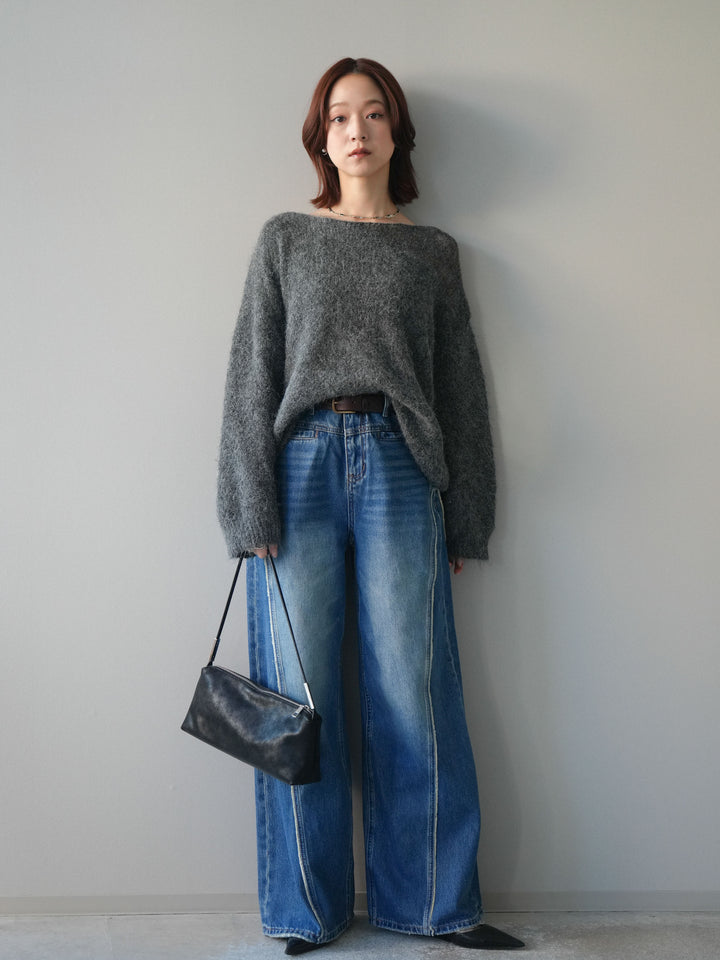 [SET]透かしデザインニットプルオーバー+サイドフリンジワイドデニムパンツ(2set)
