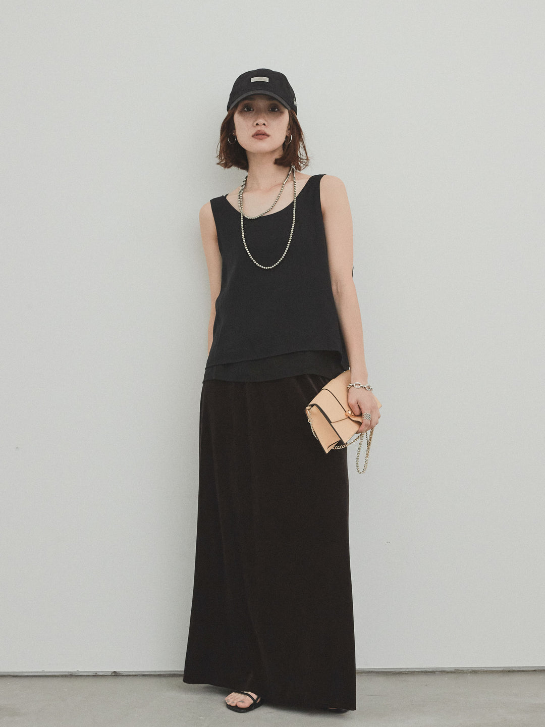 [SET]ワッシャーサテンシアーレイヤードタンクトップ+ベロアナロースカート(2set)