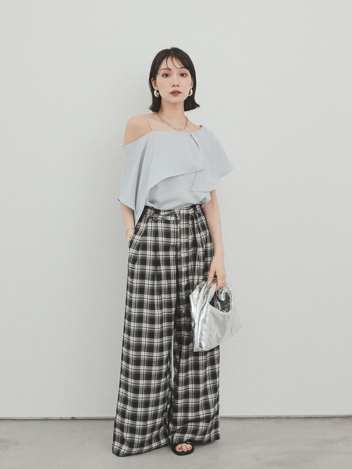 [SET]ワンショルラッフルブラウス+チェック柄ワイドパンツ(2set)
