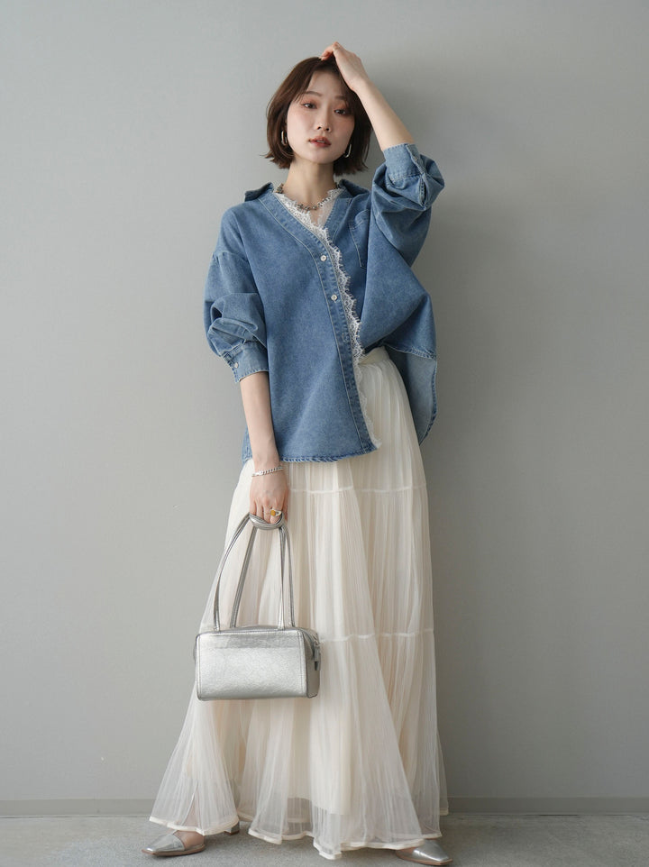 [SET]レースレイヤードデニム開襟シャツ+ラメプリーツレイヤードチュールロングスカート(2set)