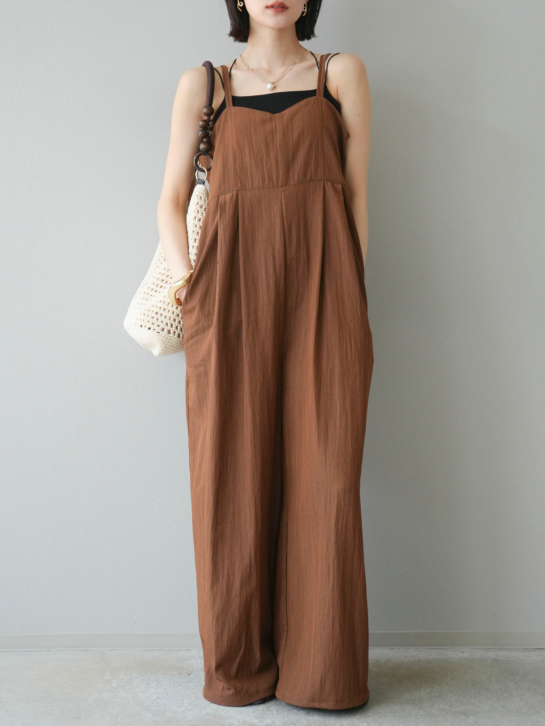 [SET]リネンライクビスチェデザインサロペット+ダブルストラップカットリブブラキャミソール(2set)