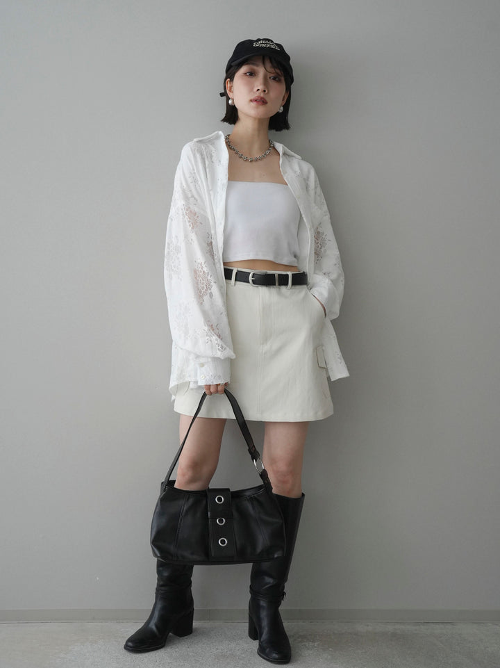 【套裝】提花蕾絲罩衫+繫帶工裝迷你裙（兩件套）