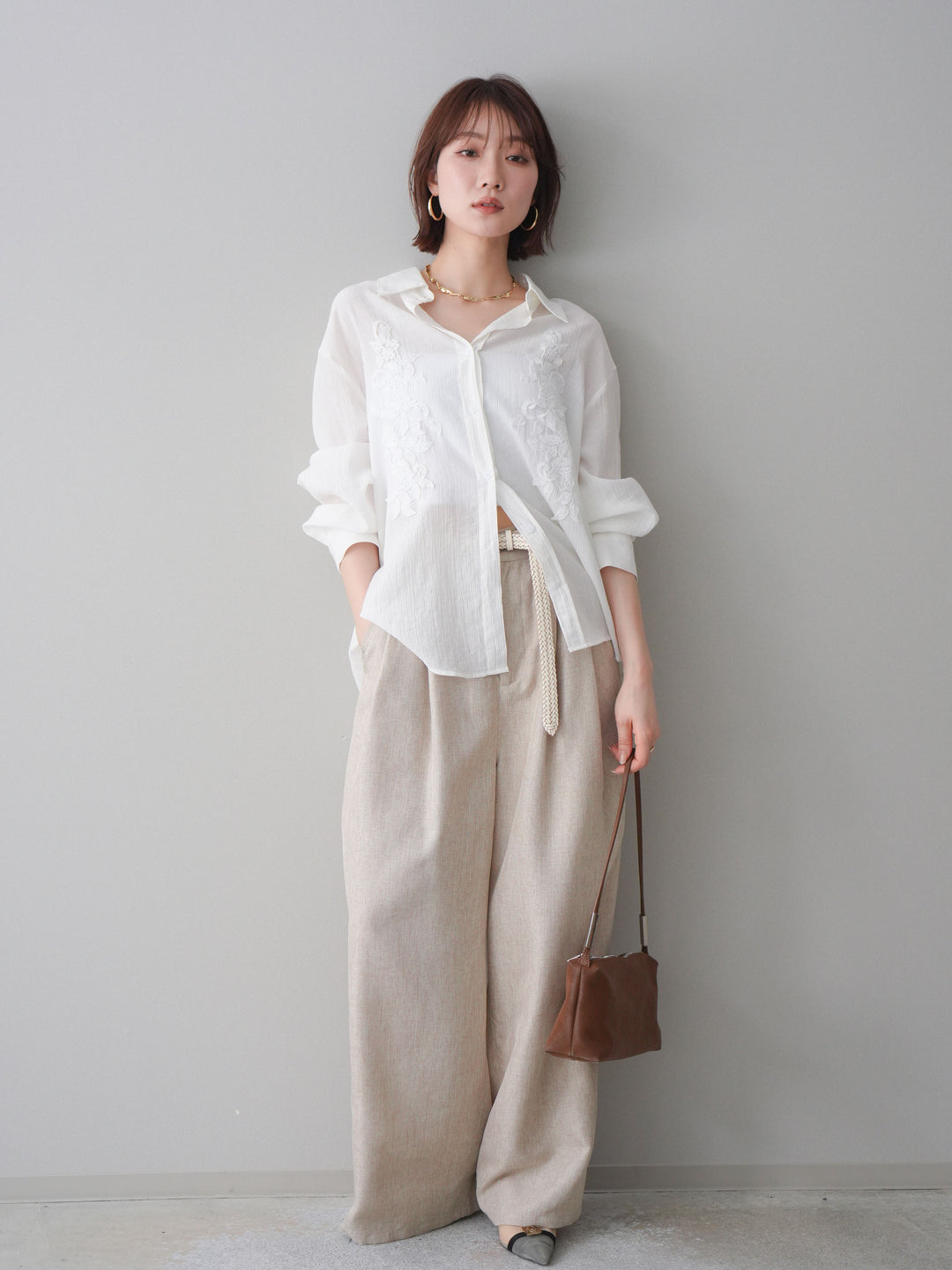 [予約]リネンライクタックワイドパンツ/oatmeal