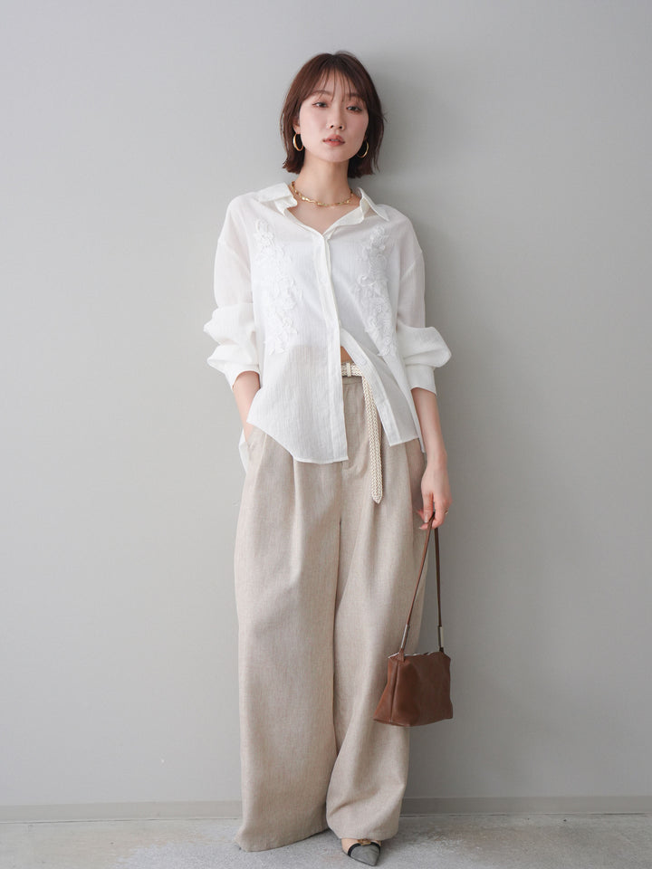 [予約]リネンライクタックワイドパンツ/oatmeal