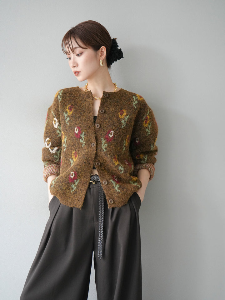 [予約]ウールタッチフラワーニットカーディガン/ブラウン