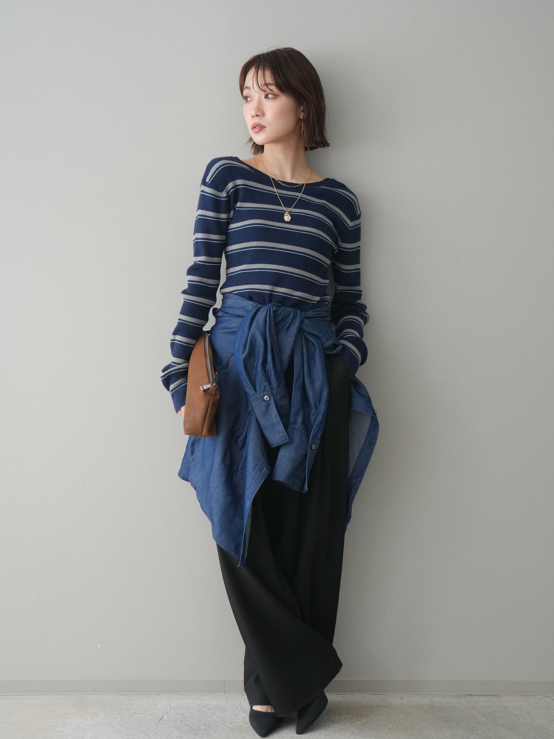 [予約]ウエストバイカラータックワイドパンツ/black