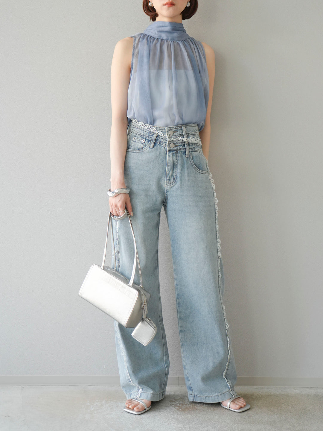 【預購】Line蕾絲牛仔褲/淺藍