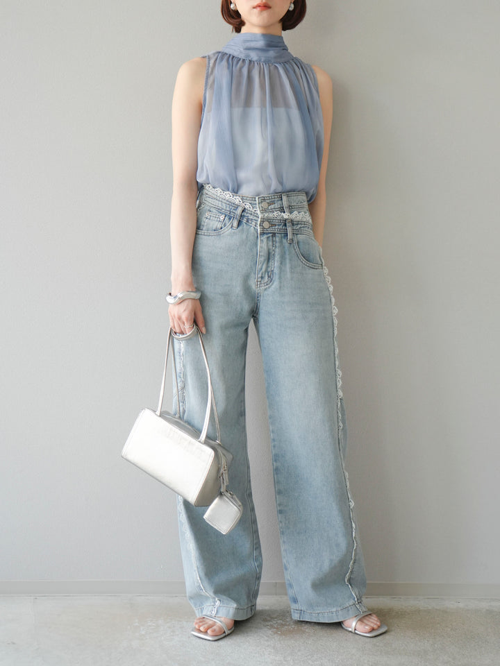 【預購】Line蕾絲牛仔褲/淺藍