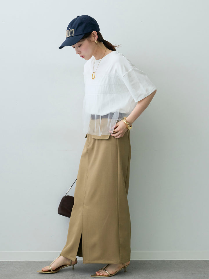 [SET]ギャザーチュールドッキングTEE+クレープデシンフラップ付きストレートスカート(2set)