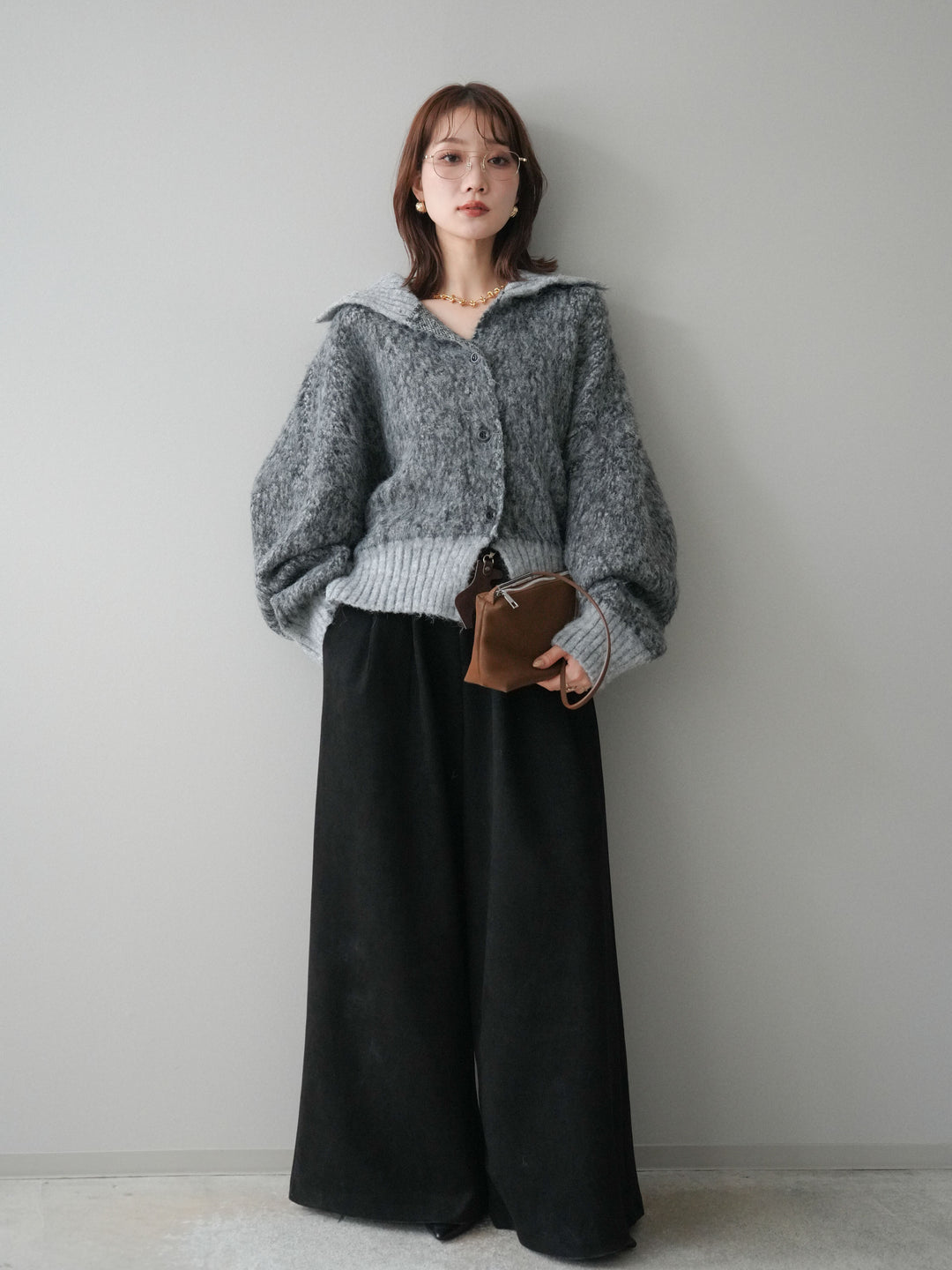 [SET]リブ切替メランジニットカーディガン+モチーフベルト付スエードタックワイドパンツ(2set)