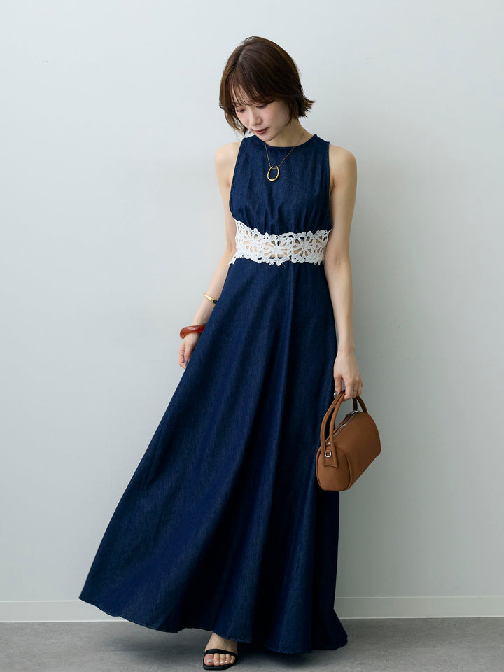 [予約]バックオープンレースデニムワンピース/blue
