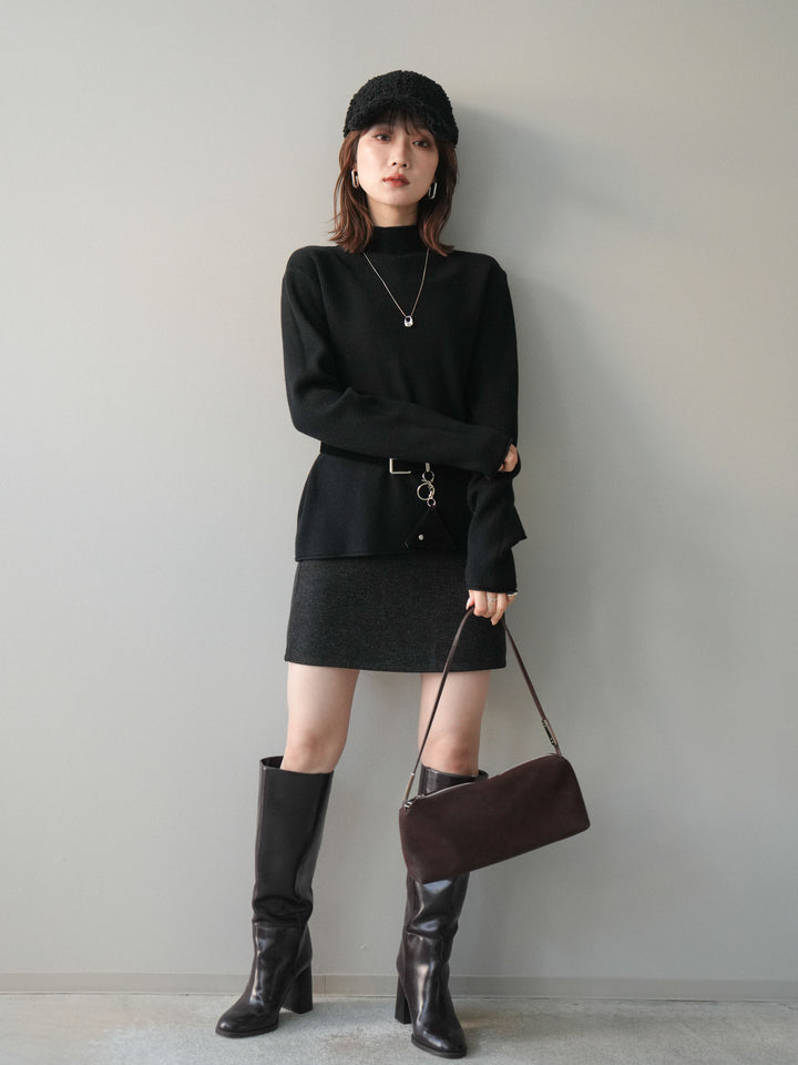 [予約]ボトルネック裾カールリブニットトップス/black