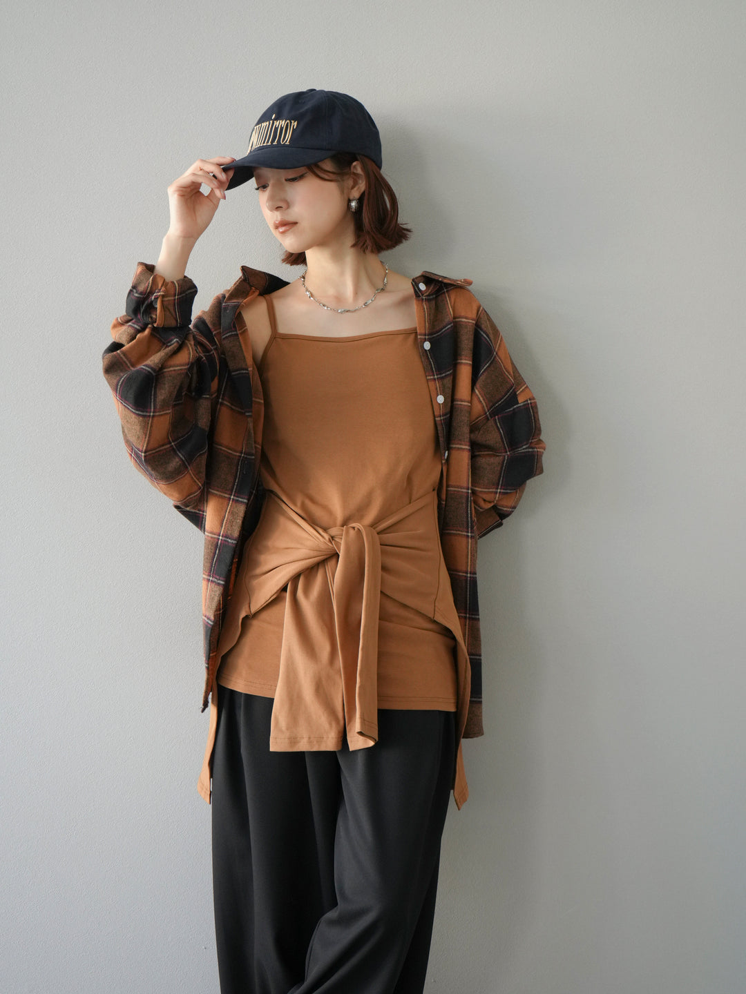 [予約]カップ付キャミ付チェックシャツチュニック/ブラウン