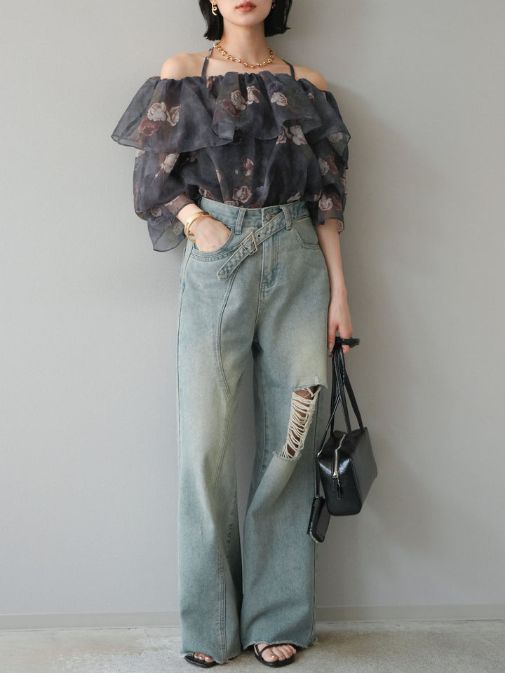 【預購】花朵露肩襯衫/藏青色