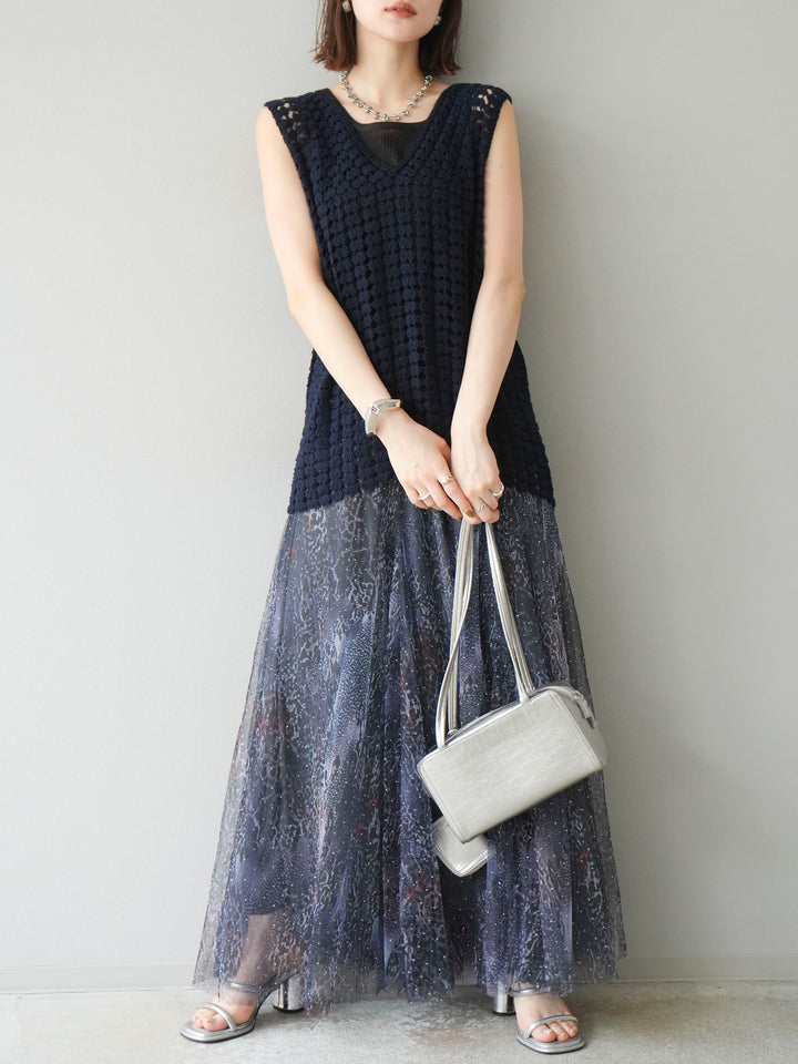 [予約]ニュアンス柄チュールレイヤードプリーツスカート/ネイビー