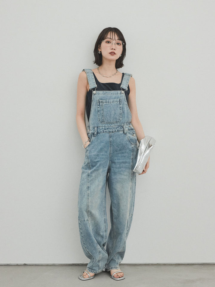 [SET]センターシームデニムサロペット +スクエアベロアタンクトップ(2set)