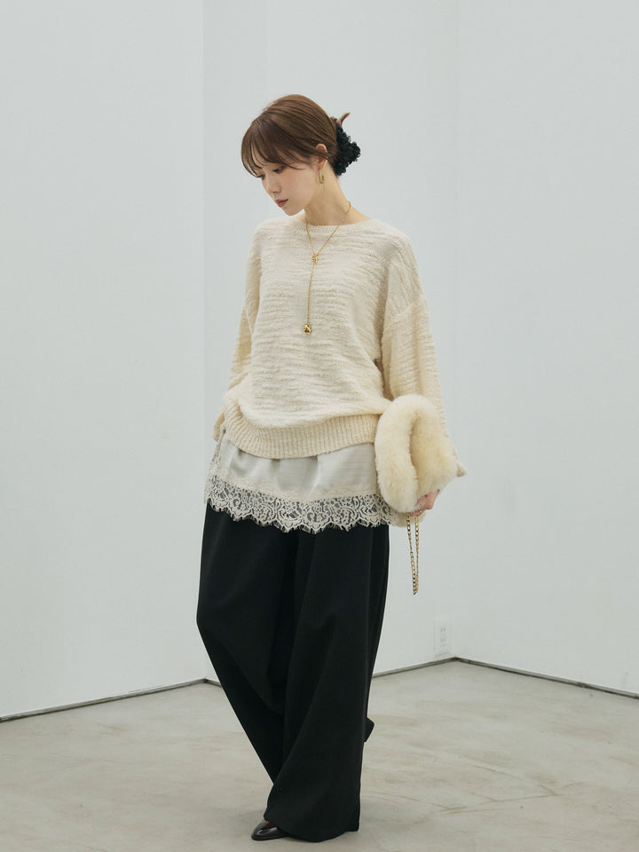 【Allure】[SET]バックリボンニュアンスブークレニットプルオーバー+ループデザインツイルワイドパンツ(2set)