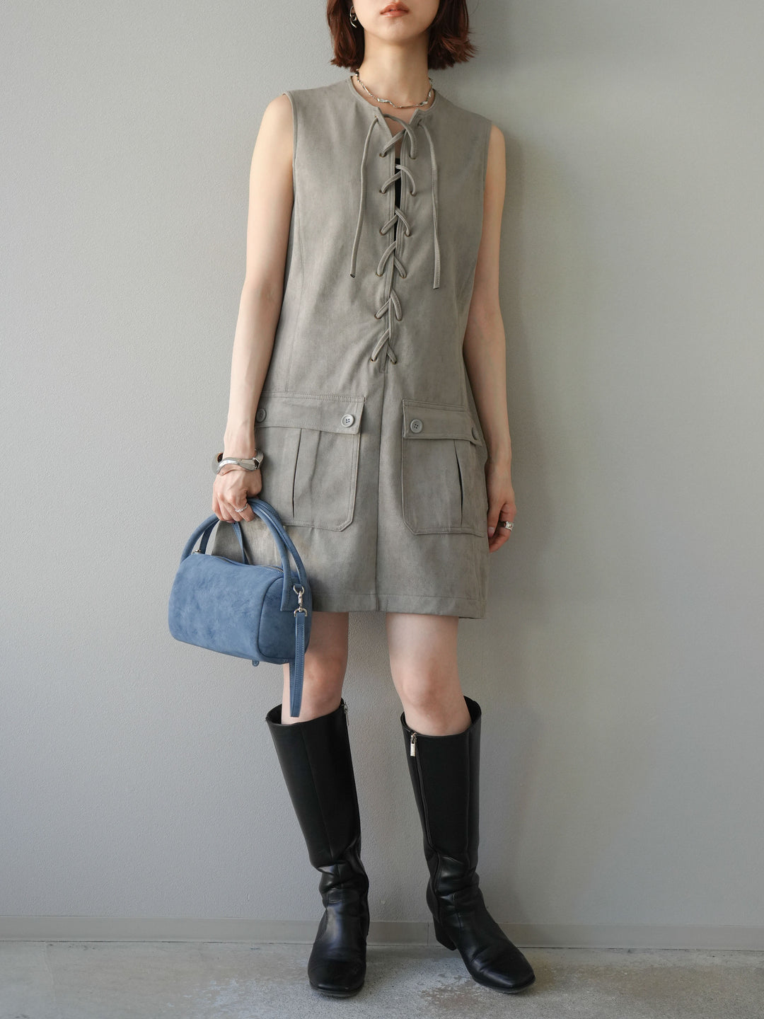 [予約]レースアップスエードミニワンピース/グレー