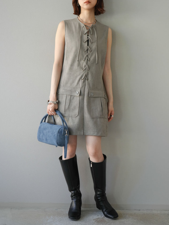 [予約]レースアップスエードミニワンピース/グレー