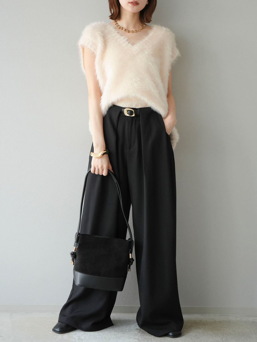 [SET]ラメシャギーVネックニットベスト+ベルトループデザインワイドパンツ(2set)