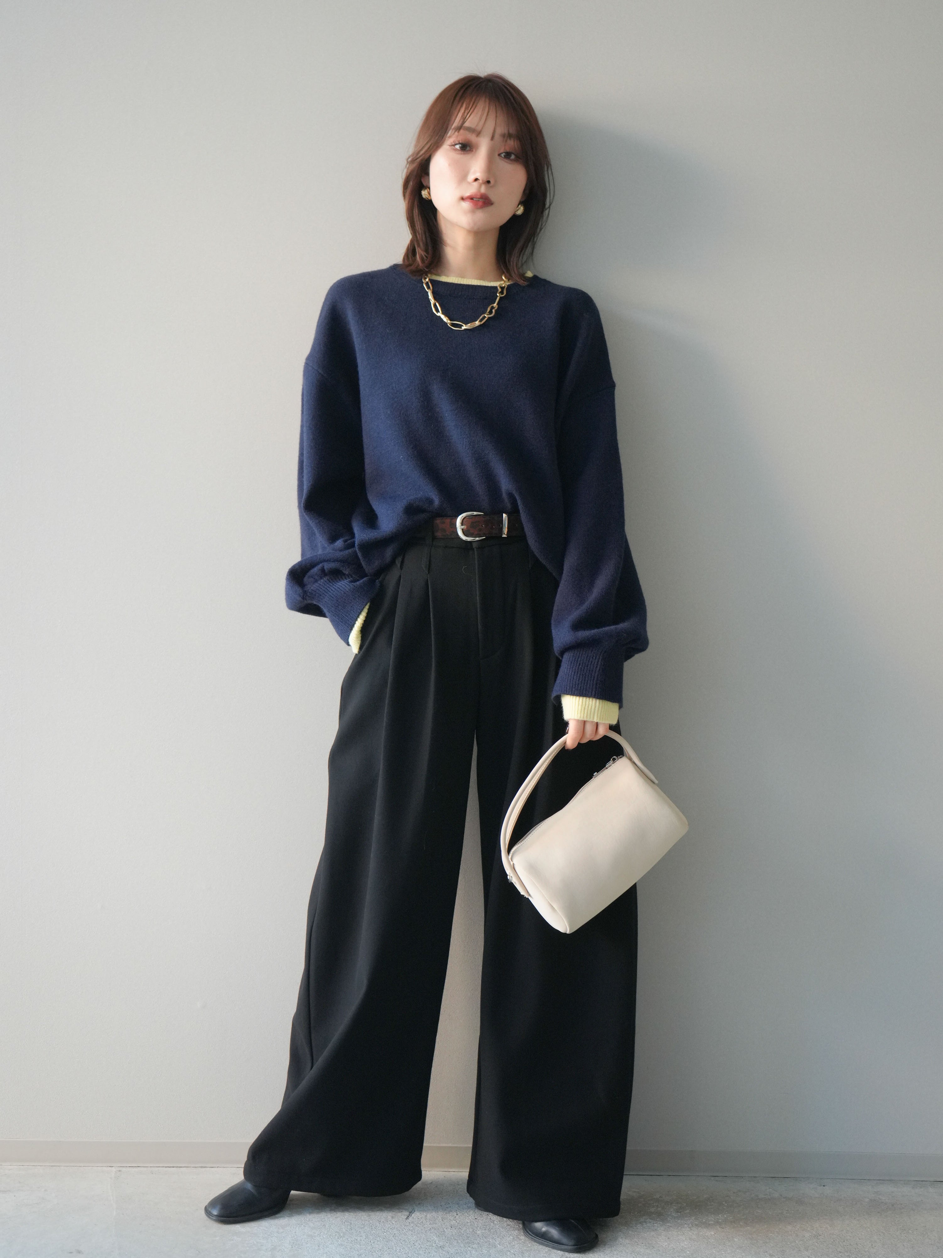予約]ヘンリーネック配色レイヤードニットプルオーバー/navy – Lumier