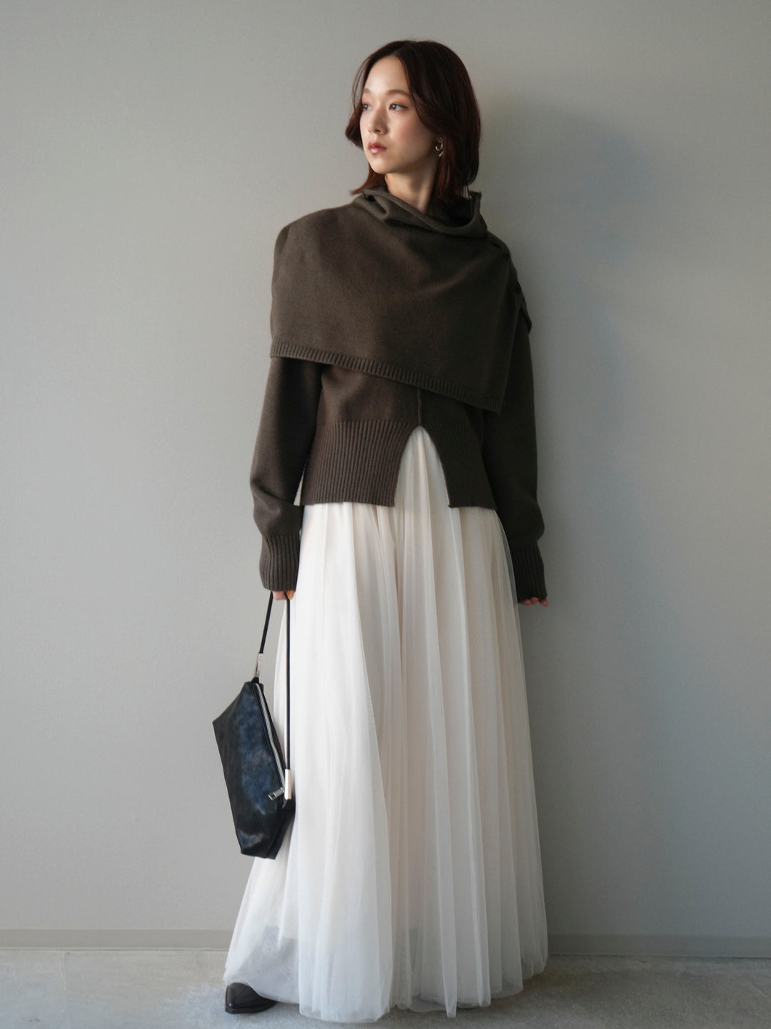 [予約]フロントスリットネックアンサンブルニット/khaki