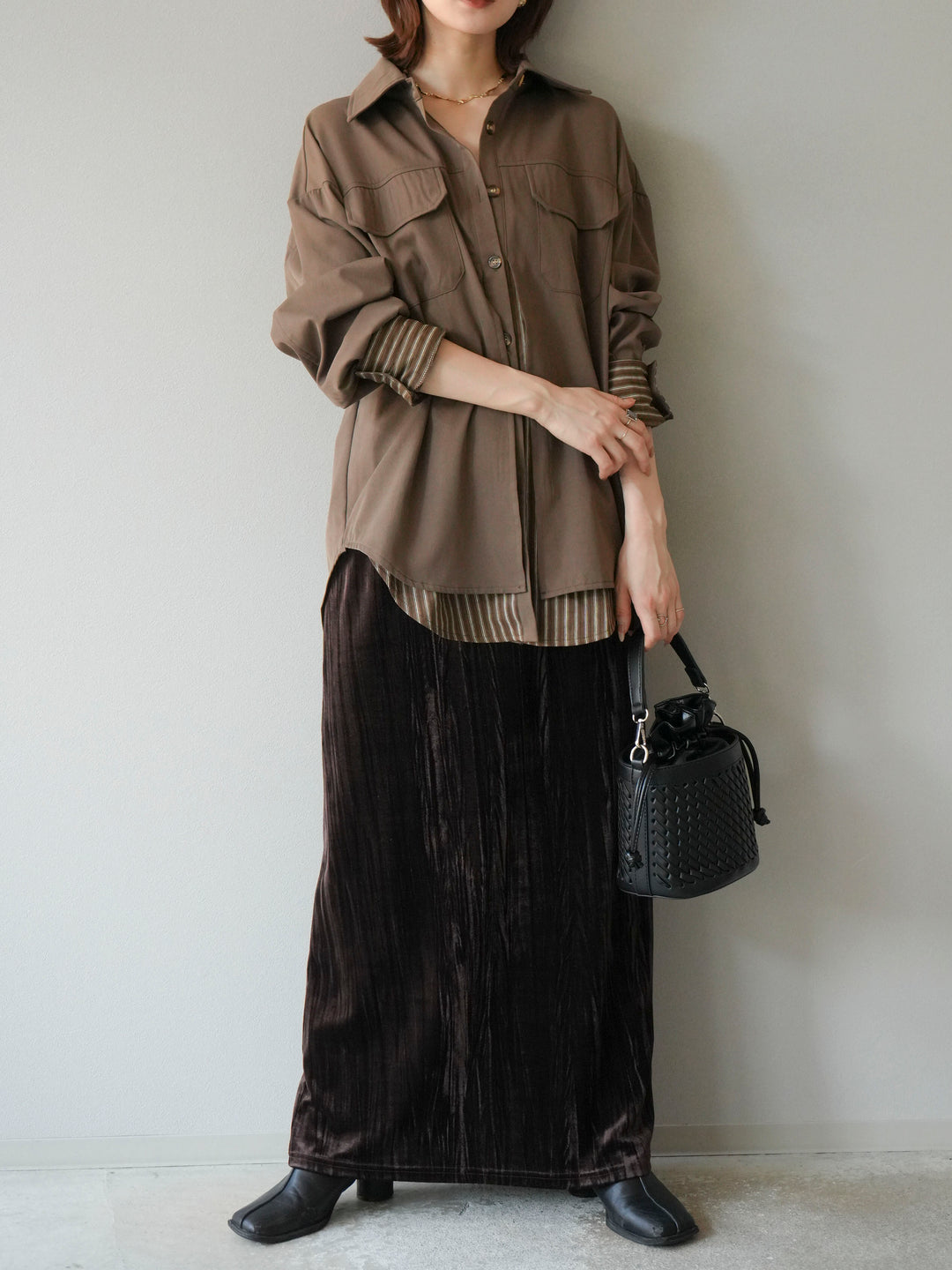 [予約]ストライプレイヤードシャツ/ブラウン