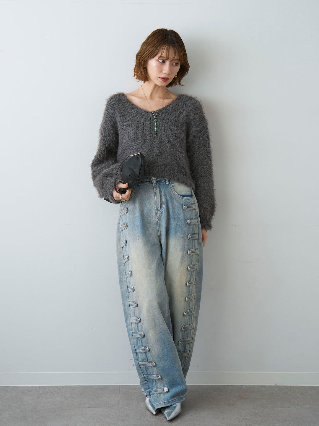 [SET]Vネックシャギークロップニットトップス+選べるアクセセット(2set)