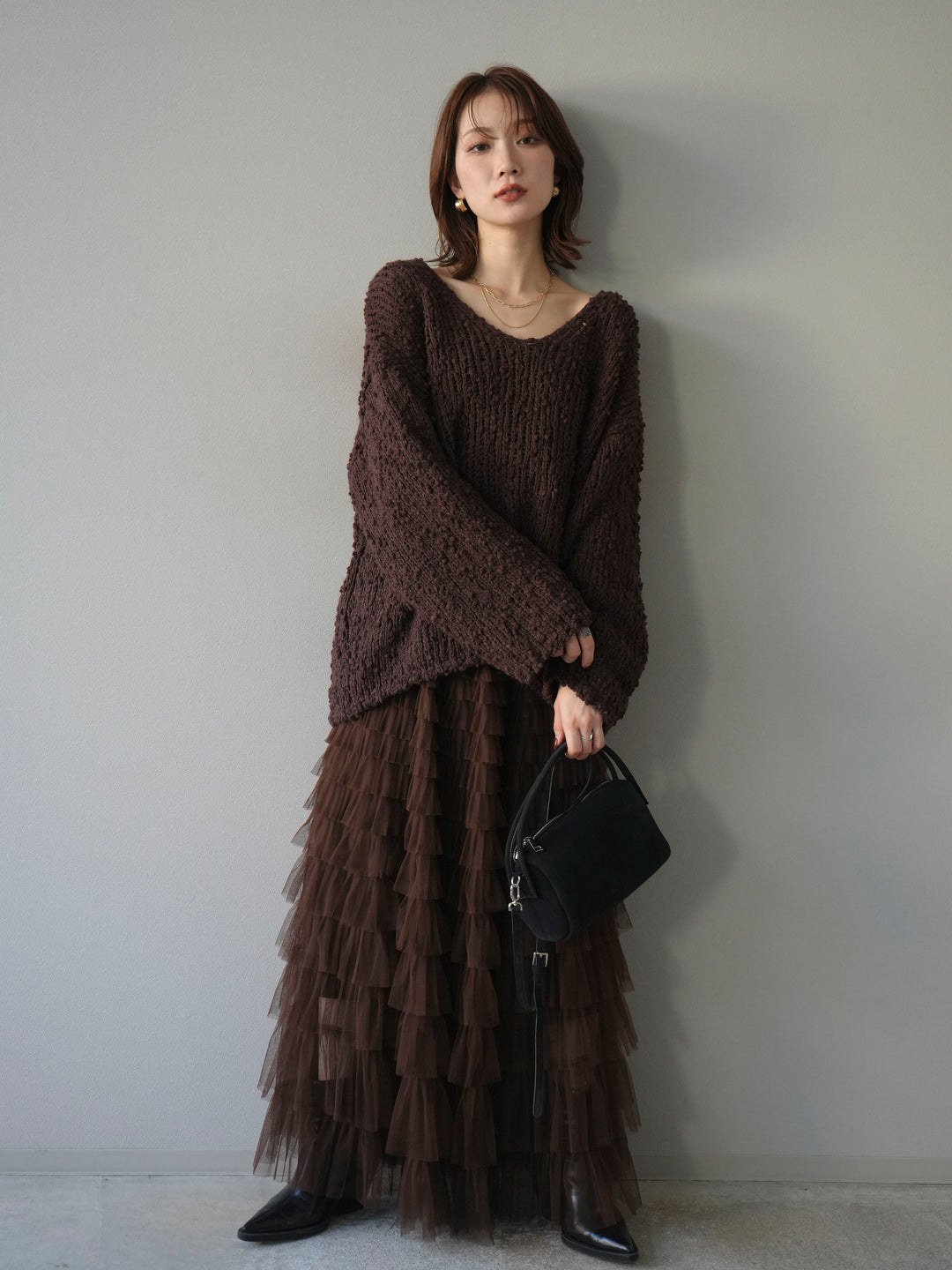 [予約]メランジポコポコニットプルオーバー/brown