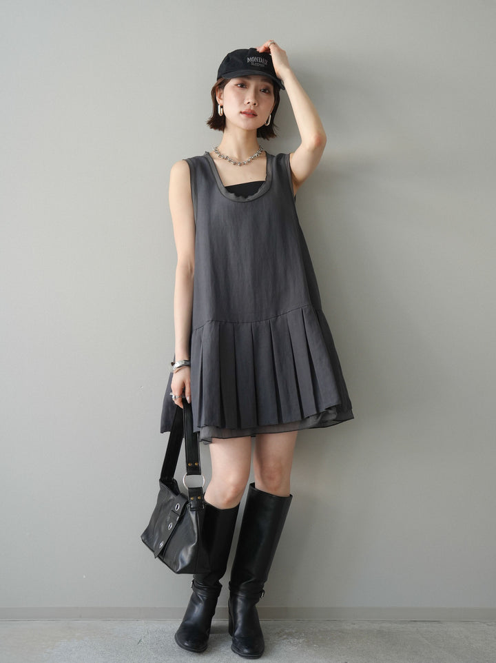 [予約]チュールドッキング裾プリーツミニワンピース/charcoal