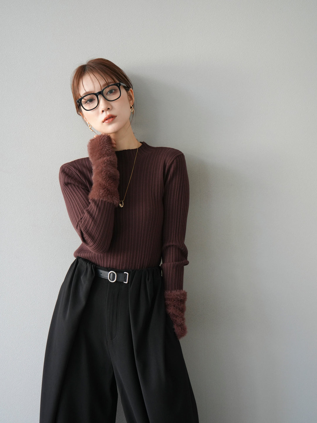 [予約]アームシャギーランダムリブニットトップス/ブラウン