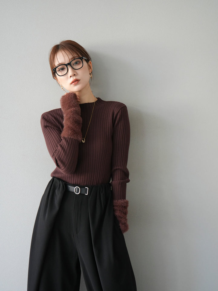 [予約]アームシャギーランダムリブニットトップス/ブラウン