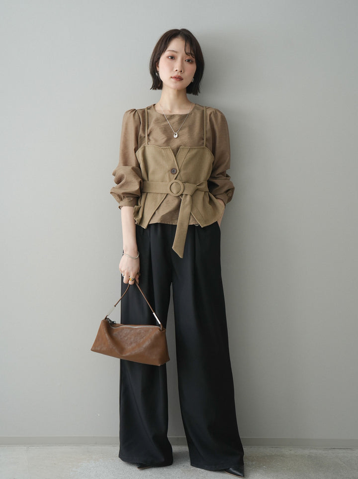 [SET]異素材ビスチェドッキングブラウス+ベルト付キーホルダーモチーフワイドパンツ(2set)