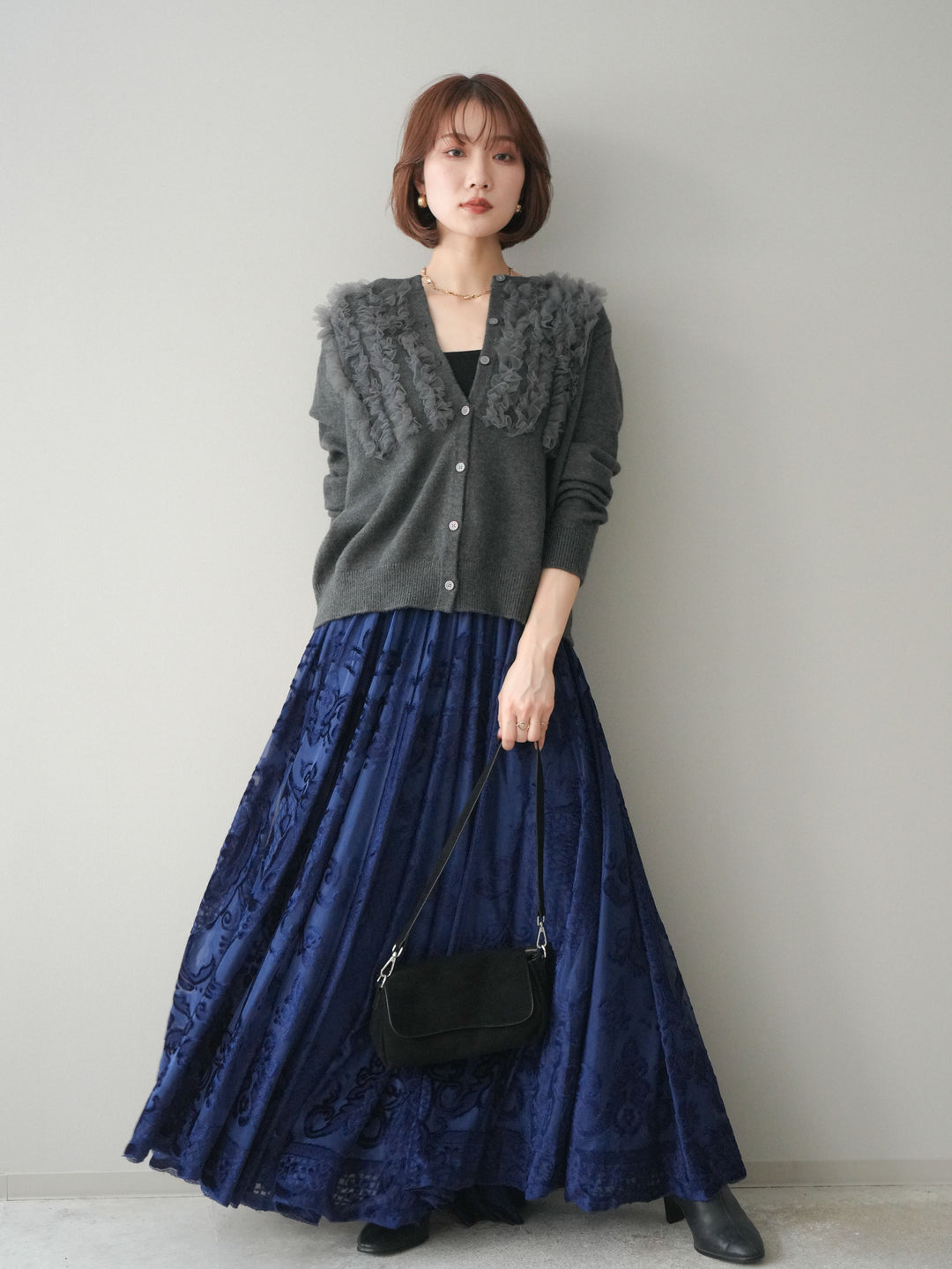 [SET]チュールフリルニットカーディガン+アンティーク柄フロッキーマキシスカート(2set)