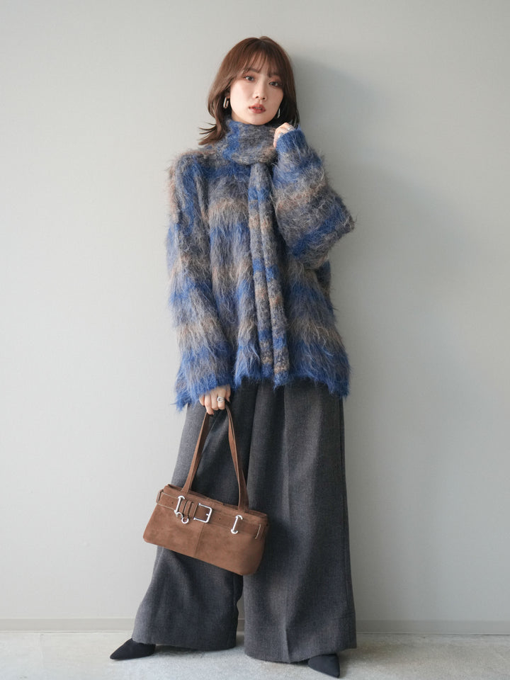 [予約]ストール付シャギーマルチボーダーニットプルオーバー/blue