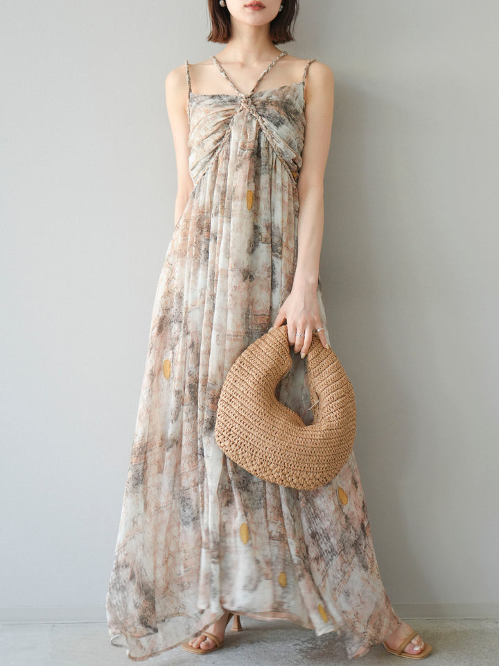 [予約]編み込みショルダーニュアンス柄シフォンワンピース/ベージュ