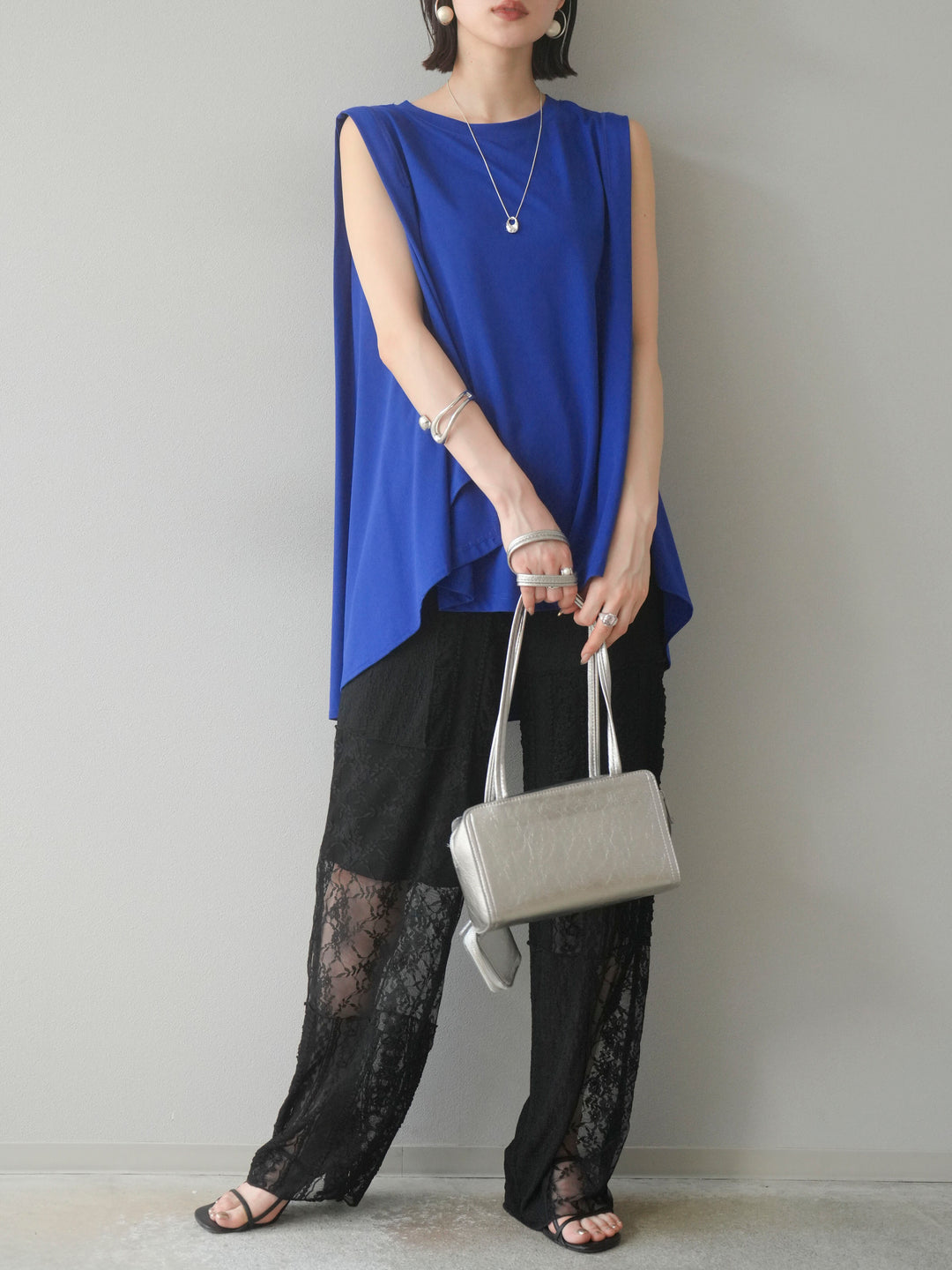 【預購】拼布蕾絲寬褲/黑