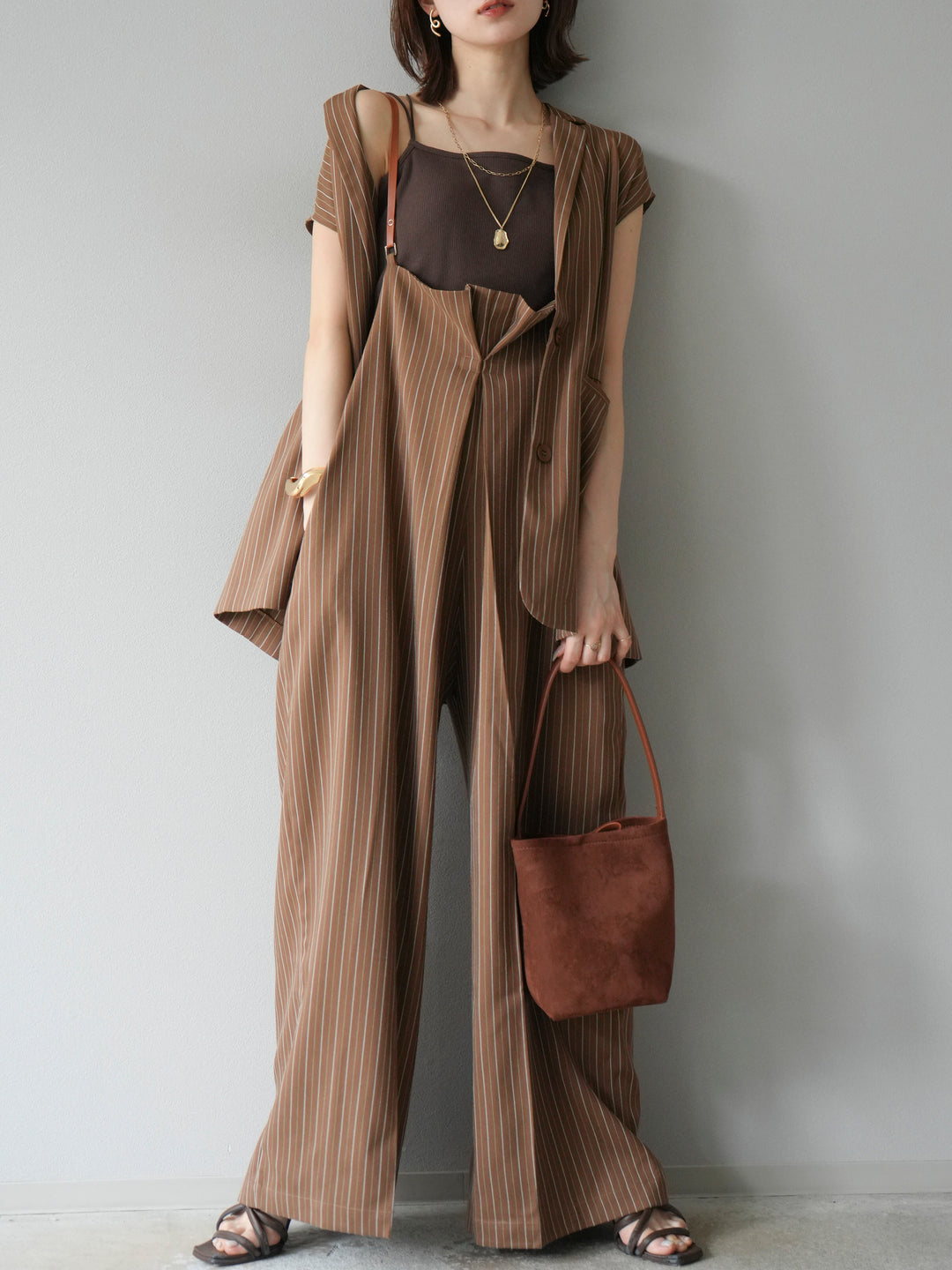 [SET]ヘリンボーンストライプジレ+ヘリンボーンストライプサロペット(2set)