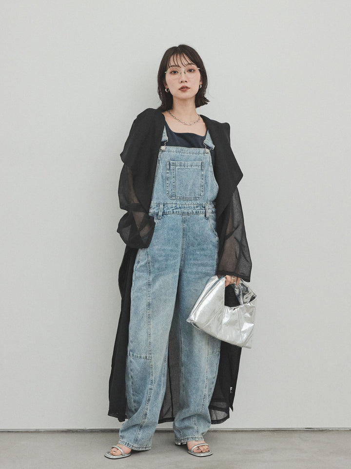 [SET] 中縫牛仔背帶褲 + 透視長版外套（2 件組）