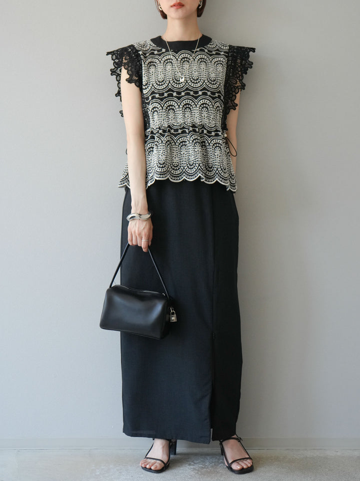 [SET] 扇貝刺繡蕾絲上衣 + 亞麻質感拉鍊開衩緊身裙（2件套）
